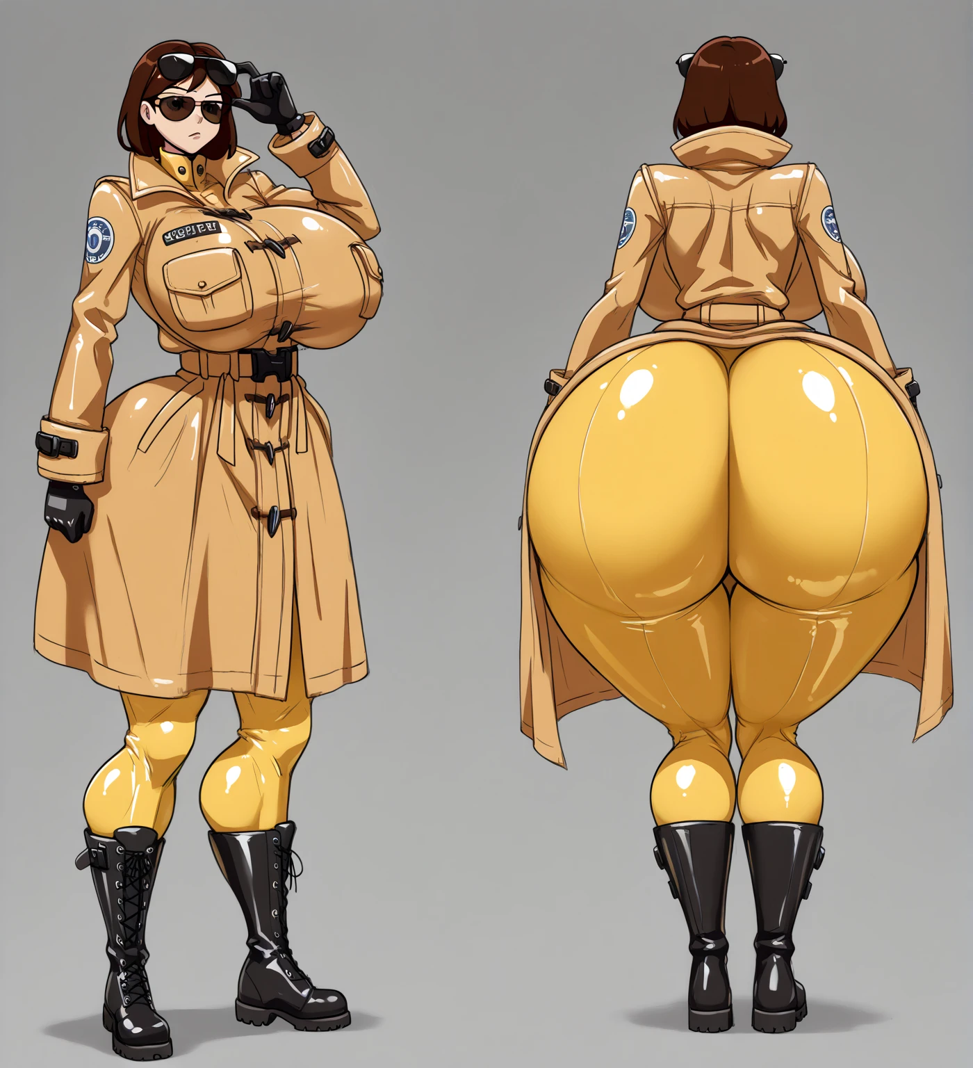 Really embarrassed tomboy Slim girl, with short gray curly hair, brown skin and glasses, In brown latex suit , full body, dynamic poses, View from back