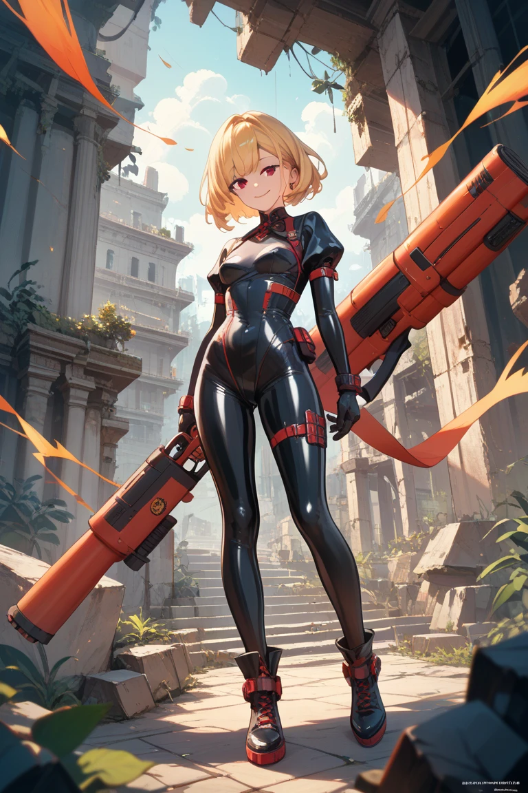 (((high quality))),(((masterpiece))),(((highly detailed))),((illustration style)),(((one girl))),(((medicine melancholy))),(touhou),(((blue eyes))), (((wavy hair, short hair, blonde hair,red ribbon))),(((red leather jacket))),(((plaid red full bodysuit))),((latex)), (shiny clothes:1.2),(((grin))),(((full body))),(((arm behind head))),(((model posing))),((((simple white background))),(((Side angle)))