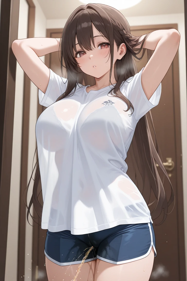 best quality, finely detailed, beautiful, HD, A 23 year old girl, long wavy light brown hair, Brown eyes, Scared with open eyes and with open mouth, looking at her breasts, wet with pink liquid (5) white shirt short-sleeved, black shorts, medium breasts, standing dizzy, inside a scientific laboratory with white walls and white floor