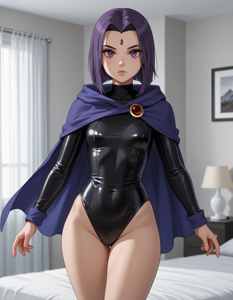 Raven, girl, Alone, short hair, purple eyes, light skin, Athletic, RVN, 1 girl, Alone, lying on a luxurious bed, wet private parts, dreaming, eyes closed, orgasm, low-cut black leotard, cape, legs exposed , belt, hood, hotraven, sensual, glamorous,