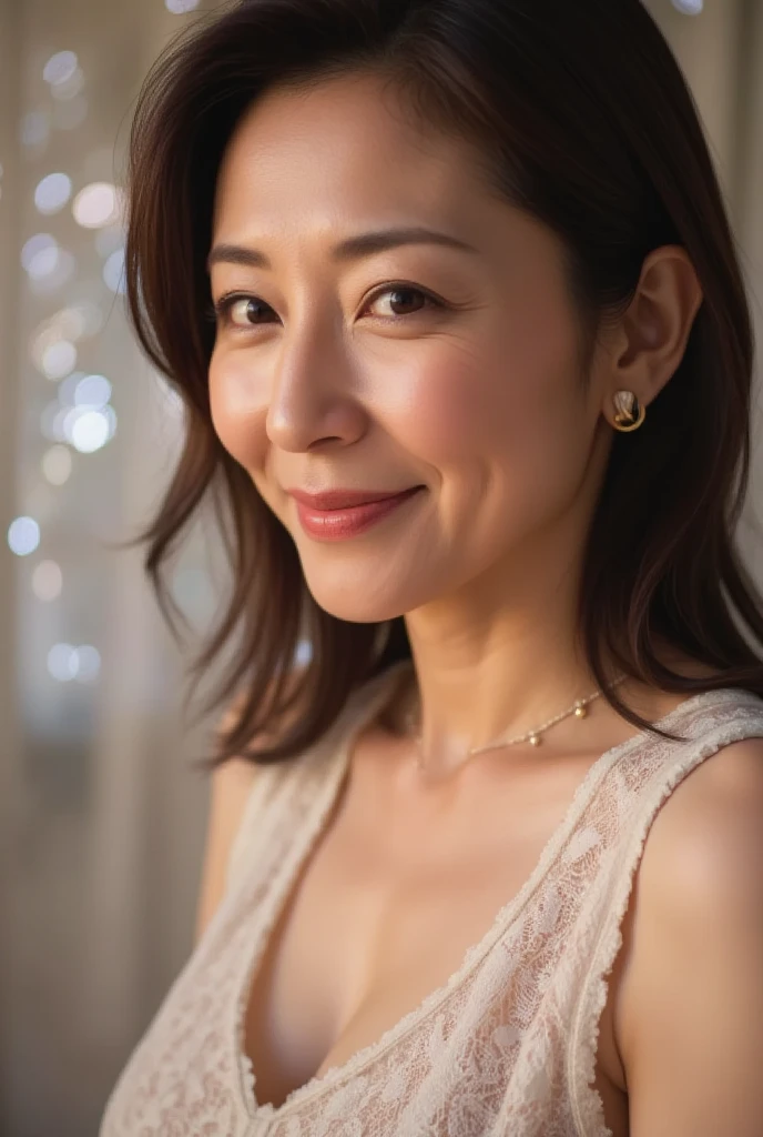 High resolution, High resolution, Attention to detail, masterpiece, Rough skin, Anatomically correct, sharp, Gray background((Japanese Mature,)), alone, ((Facial wrinkles、60 Talent)), Shapely large breasts, Straight light brown hair reaching to the shoulders, Chubby body type (((Stand upright, Facing the center of the screen.))), A mouth holding a banana in its mouth、Future outlook, ((dress)),smile