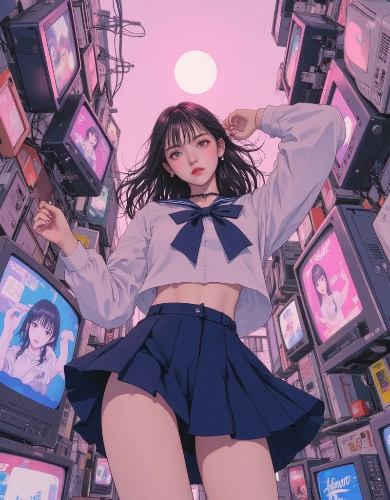 breathtakingly beautiful, DYNAMIC POSES, dynamic configuration, high quality of wavy lines, 8k, beautiful animation of the sun rising above the horizon, cherry blossom petals fluttering, cyberpunk city, The viewer looks up from below:1.5, intricate details, masterpiece, 1 beautiful Japanese woman, Mature Adult Women , medium hair, clear brown eyes, Medium Breasts, Dance violently,  Hair, bob cut hair,  high school sailor uniform,  winter sailor suit, Navy Blue Micro Mini Skirt, Many LCD TVs surround the character:1.331, Character monitored by TV:1.331, A self-portrait of her is projected on the LCD TV:1.331, Cyberpunk,