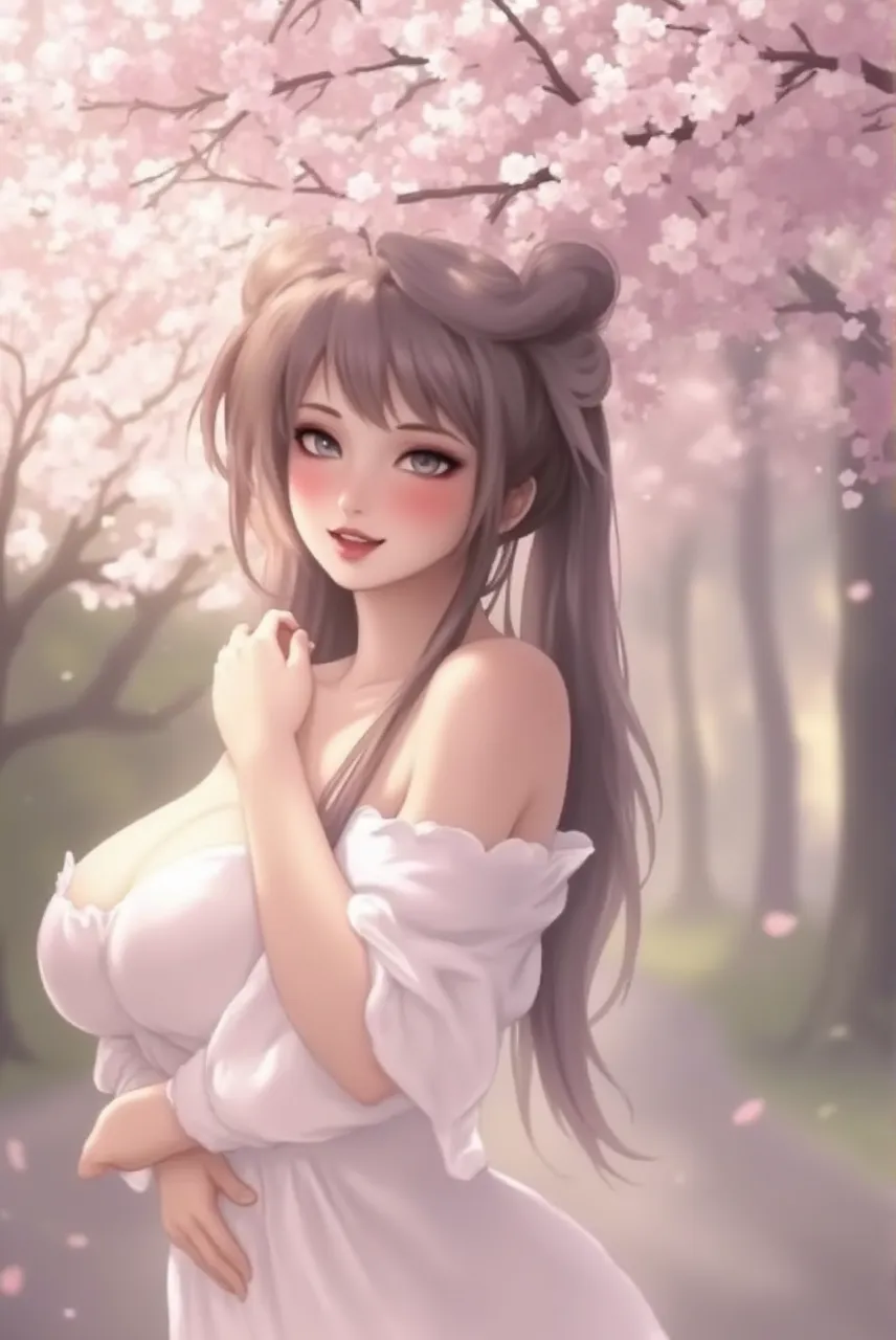 ((dress_default, terrific_default, ornament_waist)):1.5,((独奏, 1girl)) ((masterpiece,Highest quality,Highly detailed images,Beautiful images、Realistic、Dutch Angle)),(Top-down angle image)、 (Bright lighting overall、Backlight、A fantastic atmosphere、Thick Fog、Dust flutters),(Sexy pose、Beautiful cleavage、huge breasts, Place your hands behind your back:1.5、Leaning forward、Charming smile), ((Cherry tree、Cherry blossom petals、Cherry blossoms fluttering down))、Black sleeves、Emphasize the chest、Looking up、Hands behind the body、Leaning forwardに