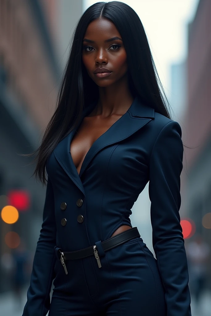 A dark skinned woman with sharp features with dark straight shoulder length hair and lilac brown eyes with a tall and muscular build.