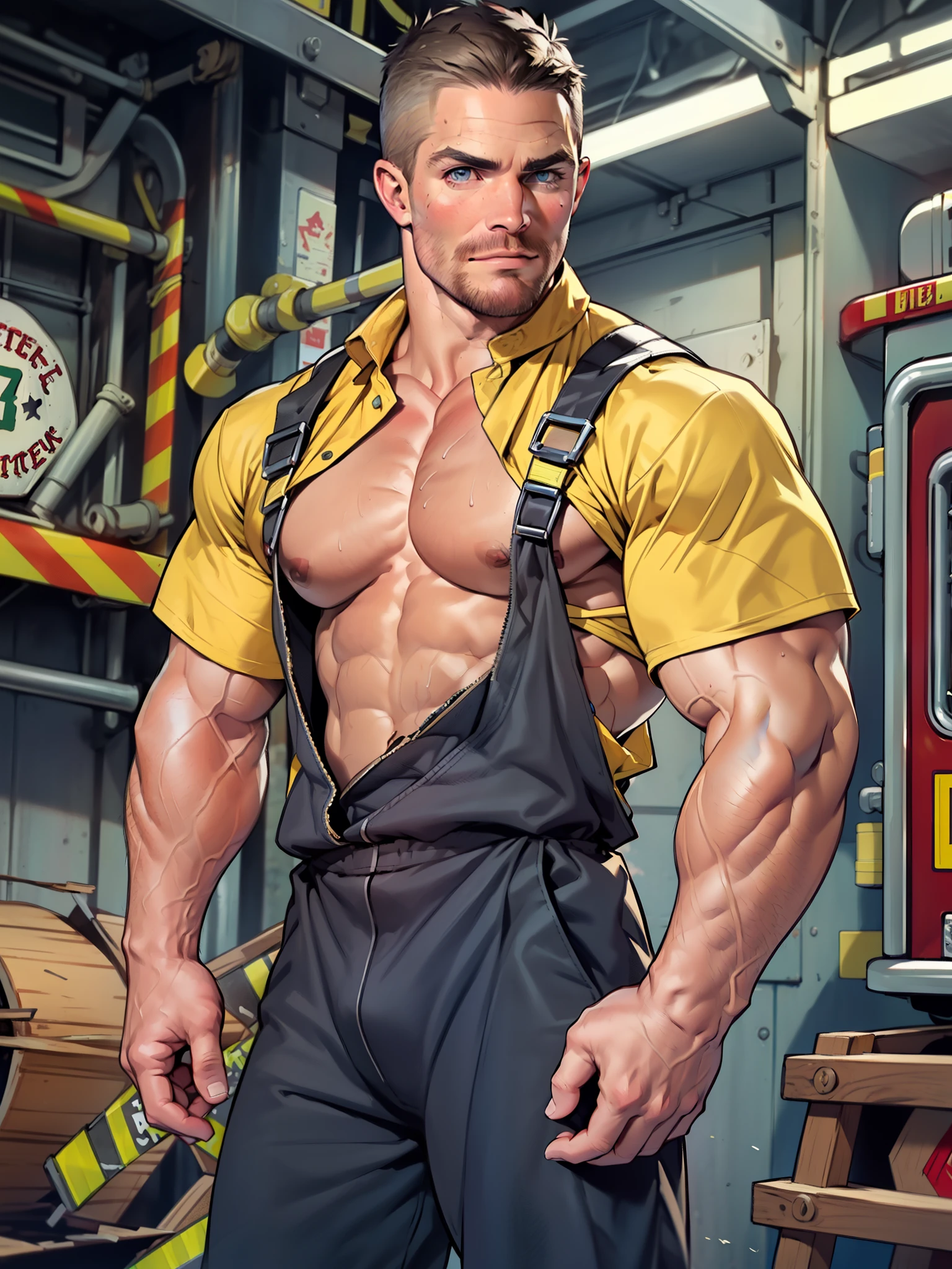 masterpiece, best quality, face, natural eyes, 1man, macho man,, muscled and mature, (((stephen amell as a firefighter wearing totally unbuttoned firefighters' overall))) sweating, tight cloth showing his muscles and bulge , full body , background wood workshop , woodwork of chairs , tools , wood parts , volumetric dynamic bright light .....