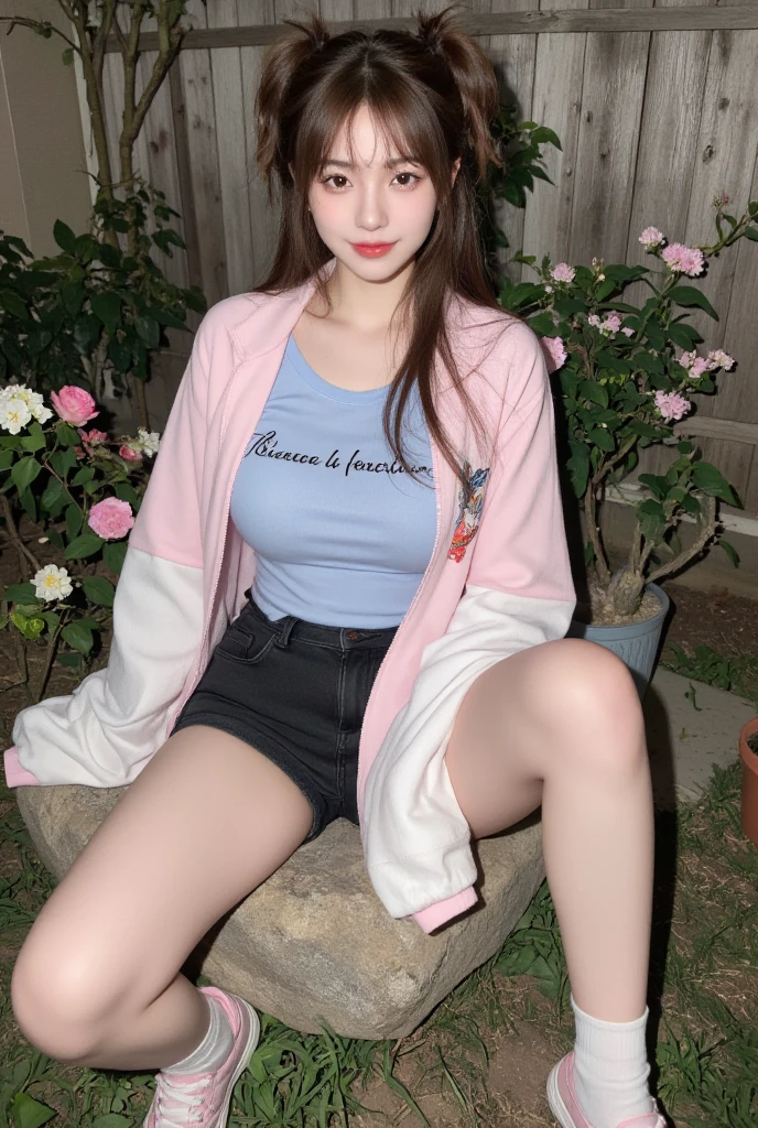 Portrait in girlish casual style for spring and summer。The model has fluffy curled bangs and light brown long hair, She wears a white lace top、Denim miniskirt、Wearing pink sandals。Accessories include floral hair clips and beaded bracelets。