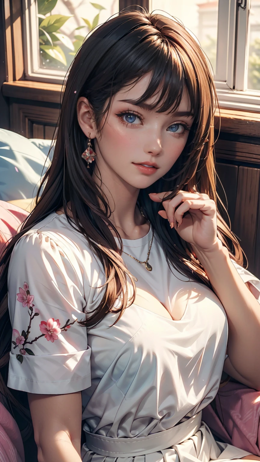 4K, 8K, (Masterpiece, best quality:1.2), blue eyes, perfect face, cosplay, professional photo, photo, photorealism, modelshoot style, portrait of shirogane, red plugsuit, feminine, bedroom, bed, sheets, window, plants, upper body, face shot