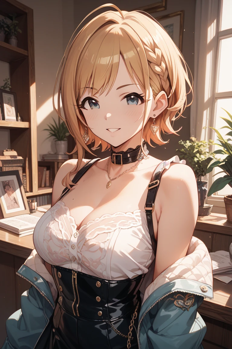 (Best quality:1.3), Blonde hair double ponytail, Large breasts, off-the-shoulder shirts, LOP, Smiling, (Perspectives, closeup cleavage)