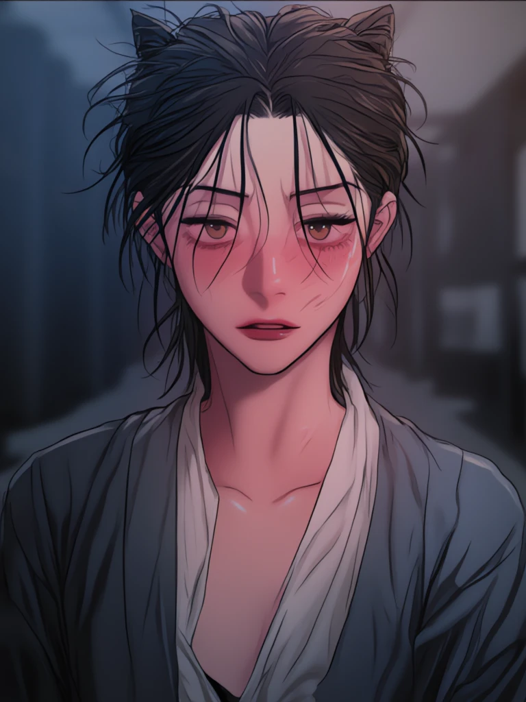 full color drawing of Mizu, sunglasses, blood,makeup,looking down,blood on face,blood on clothes,sporting a black yukata, empty street, modern tokyo, upper body, epic character composition,by ilya kuvshinov, manon bailly, drawing <lora:BlueEyeSamurai:1> <lora:epiNoiseoffset_v2:1>