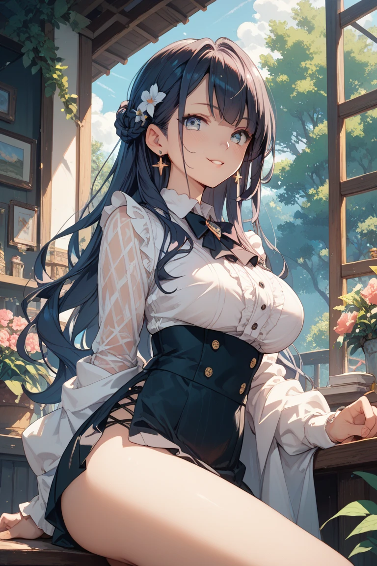 absurd, 8K, high resolution, Ultra-detailliert, beautiful, Meisterwerk, best quality, very pretty woman, Jung, dunkelblaues Haar, Sonnenhut, Gartenschere, Florist, Work apron, (very large breasts: 1.4), (rundes Haar: 1.6), detailliertes Frauengesicht, Sehr attraktiv, Im Blumenladen, Blumen