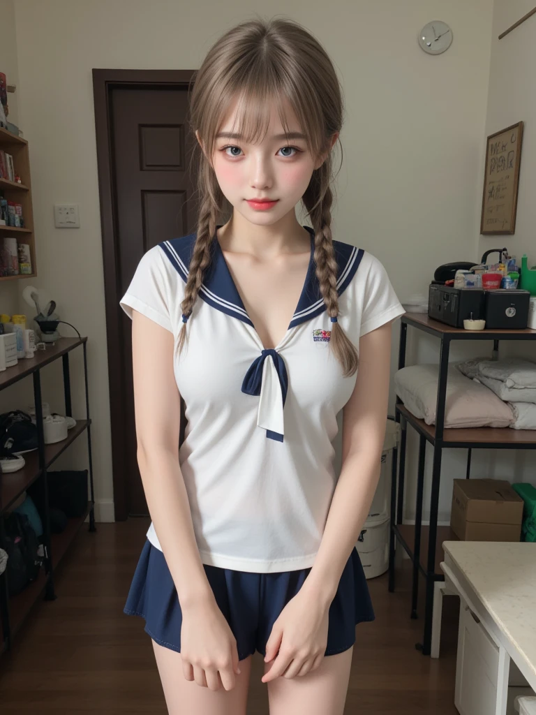 smile、((Browsing Caution))、((Camel Toe))、((Female organ:1.1))、(Highest quality、4K、8K、High resolution、masterpiece: 1.2)、Very detailed、Beautiful Japanese Girl、1 person、 (16 years old)、alone、(from the front:1.4)、(reach sexual ecstasy:1.6) 、 (Her naked lower body is exposed, Giving us a glimpse of her crotch.:1.5)、Sit at a desk、(Short-sleeved sailor uniform) 、Crotch crack、Beautiful ass、 Spread your legs wide, And he sticks out his crotch for emphasis..、Twin tails、In the classroom