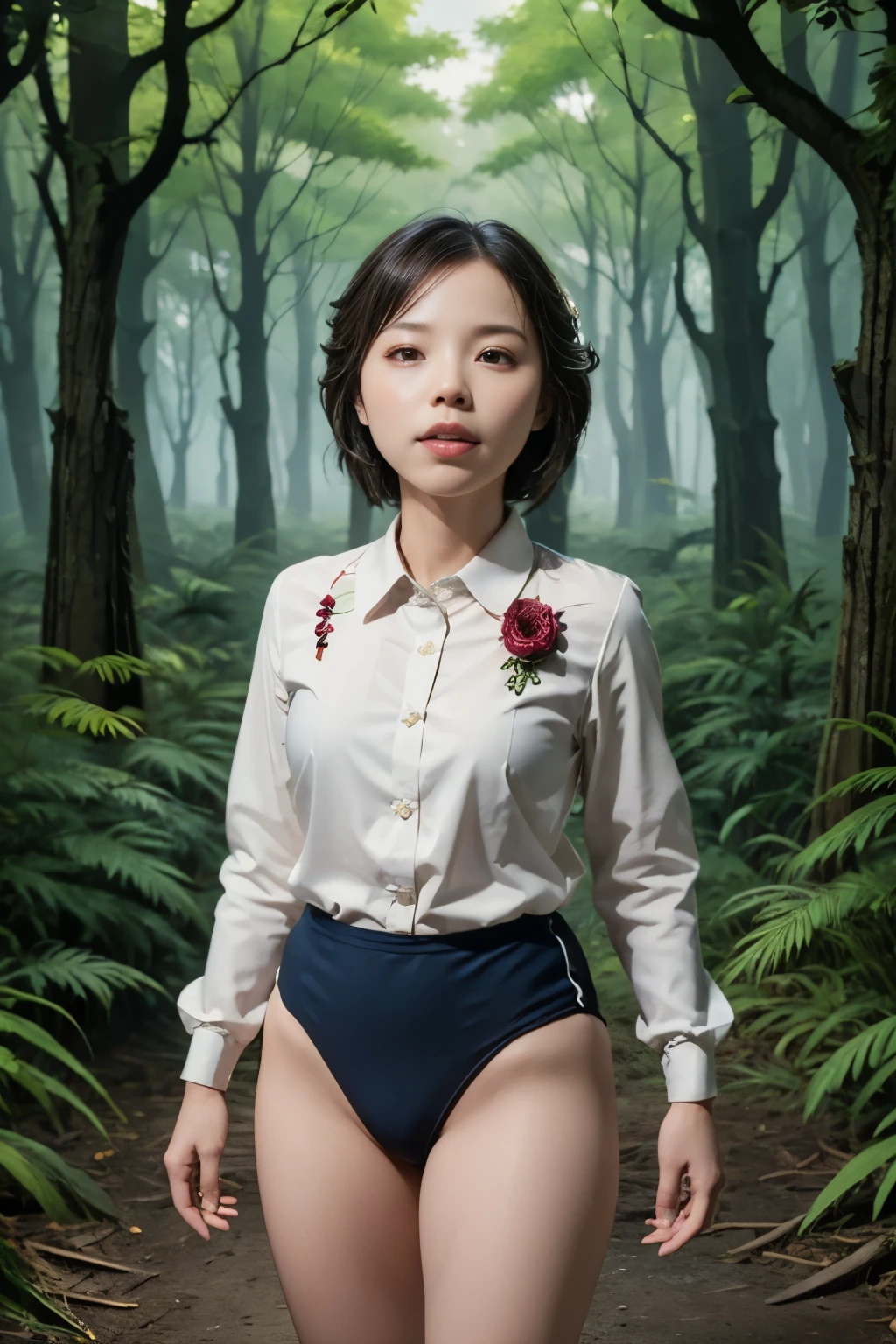 (masterpiece, highest quality), 1 girl, beautiful face, beautiful body, wearing a Black gymnastics bloomers, High leg、white blouse, cowboy shot、Are standing、full body portrait、alone, complex details, enlarged textures, complex details, finely detailed eyes and detailed face, intricate details, (closed mouth), perfect eyes, equal eyes, perfect body, extremely detailed, (), extremely realistic 3d,In a dark forest、