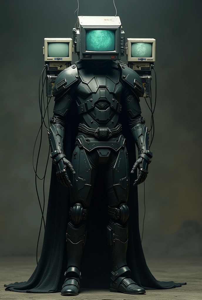 A character in a black battle coat, with black armor, with a black 90s Computer as its head, and 4 other computers in its back