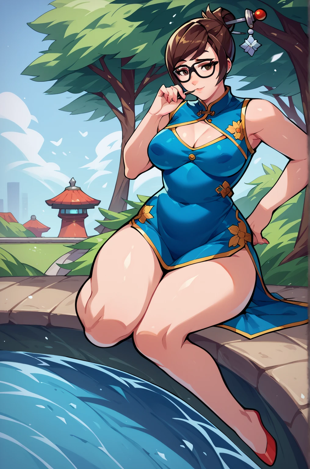 Chun-Li, 1 girl, ((bimbo))), perfect face, perfect eyes, looking at viewer, short hair, brown hair, puffy lips, thick lips, wide hips, thick thighs, craving lust face, mature mom, looking at viewer, brown eyes, outdoors, japanese garden, blue chinese dress, skintight, bare shoulders, thigh highs, large , sitted, spreading legs