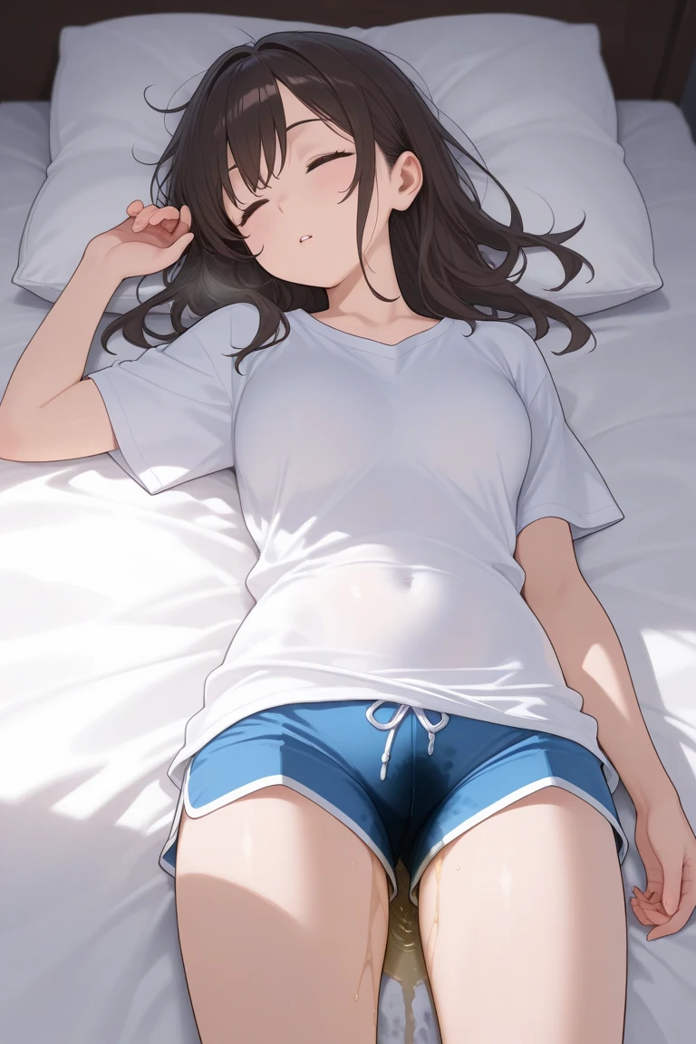anime girl in white panties, school girl, thighs close up, small breasts, the crotch is wet, (sfw) safe for work, cute panties, on top of bed, short black hair, exposed thighs!!!, bottom body close up, touching her clothes, her belly button is exposed, bare thighs, ecchi, ultrasharp, masterpiece, high res, 8k