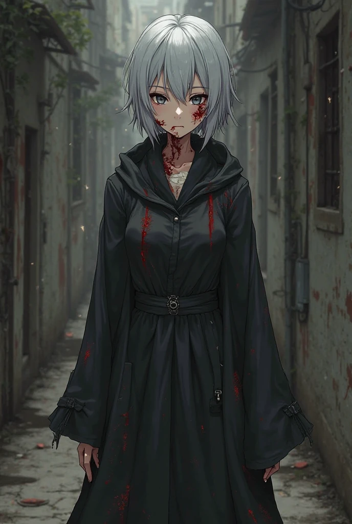 One Girl, masterpiece, View your audience, illumination, Particles of light, Gray Hair, Torn clothing, crazy, Yandere, Psychopathic, crazy expression, Licking lips, The pupils constrict, crazy smile, crazy eyes, Conceit, Gothic architecture, Big window behind the girl, Charming Western Alley、Gothic architecture、Western architecture、Fantasy World、, (Blood splatter:1.7)