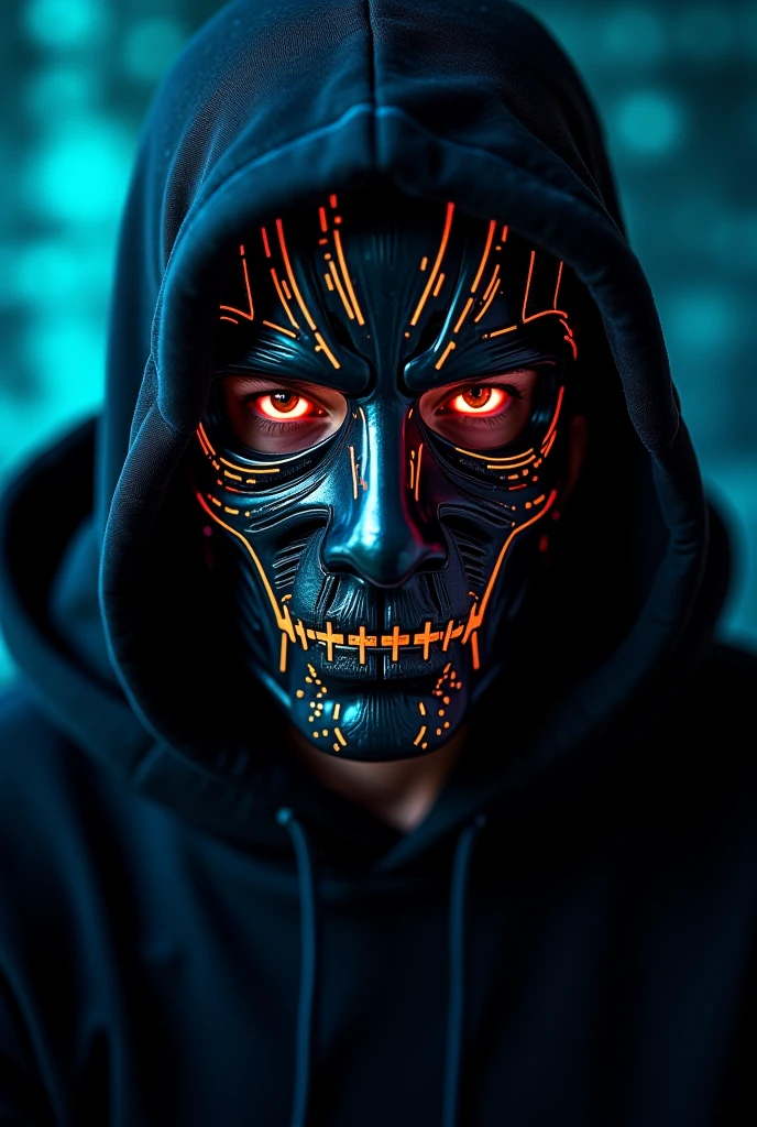 Image of a dark background character with a black mask, and in front of him a brain being manipulated
