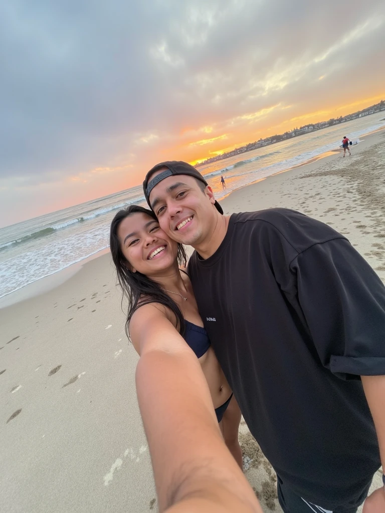 Photo with GoPro camera cute 500lbs two super obese Japanese and Taiwanese girls, sexy naked and on the beach, wet with water, Smile, Sharp face, Soft lighting, fish-eye lens, solar flare, Chubby