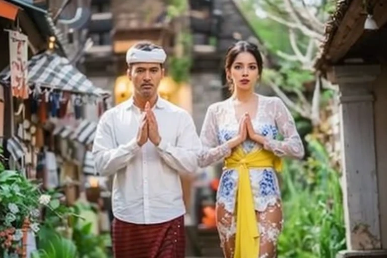 Masterpiece, perfect picture, Indonesian wrinkled old man wearing Javanese blangkon and beautiful Indonesian young woman, erotic couple, erotic expression, expression of enjoyment, old man hugging woman from behind, beautiful woman, beautiful eyes, sexy lips, perfect beauty, perfect body, body sexy, full body, big breasts, sexy sheer transparent, nude, necklace, earrings, flowers, in the old hut, Perfect photo shoot, cinematic