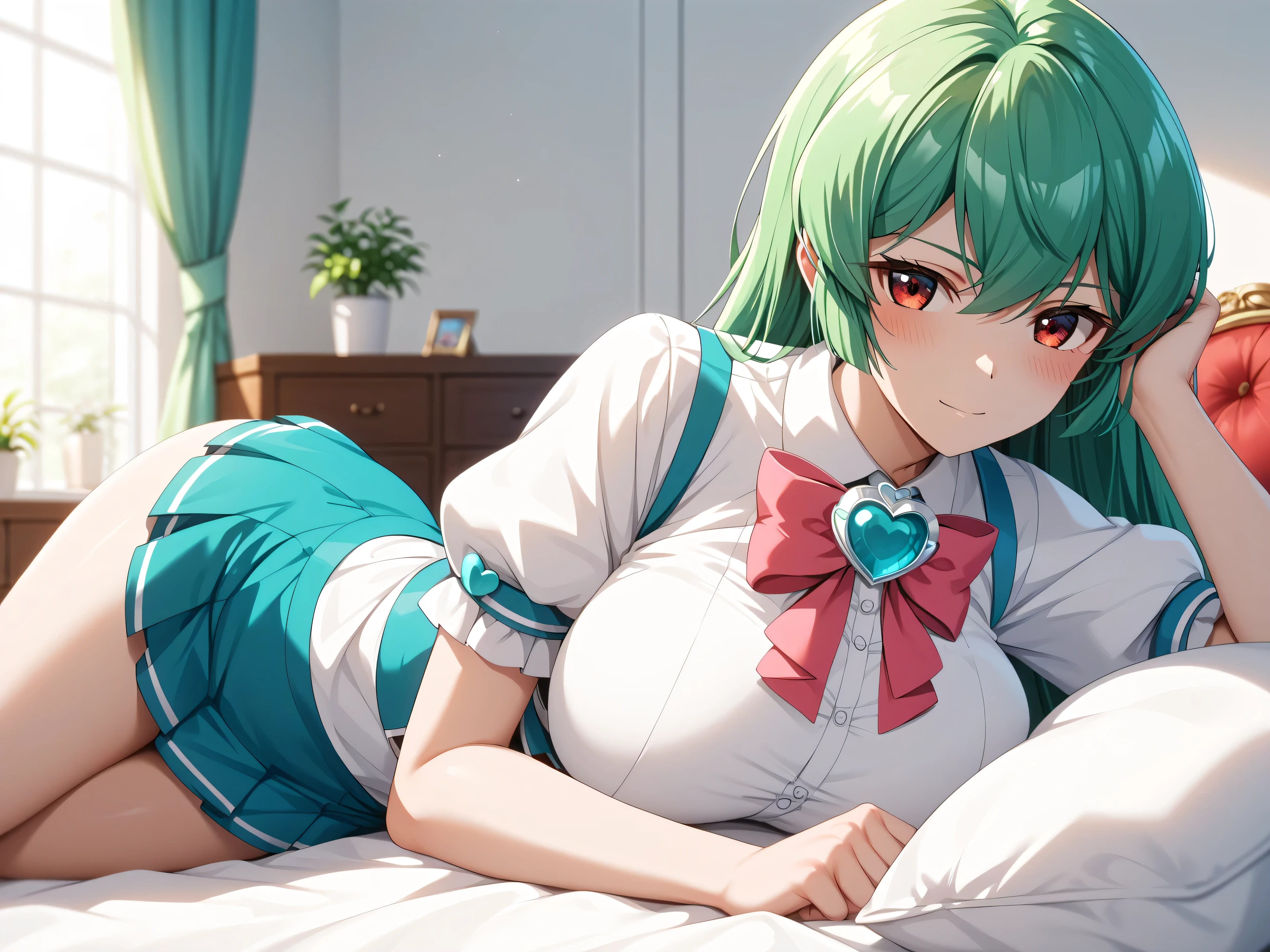 master piece、Best Quality,Super detailed,High resolution,Extremely detailed CG,Unity 8K Wallpaper,weat,score_9, score_8_up, score_7_up, score_6_up, score_5_up, score_4_up, source_anime, MinakamiSayo, 1girl, solo, breasts, Green Hair、Red eyes,shirt, large breasts, dress, jewelry, white shirt, short sleeves, heart, puffy sleeves, bowtie, puffy short sleeves, heart brooch,mini skirt,