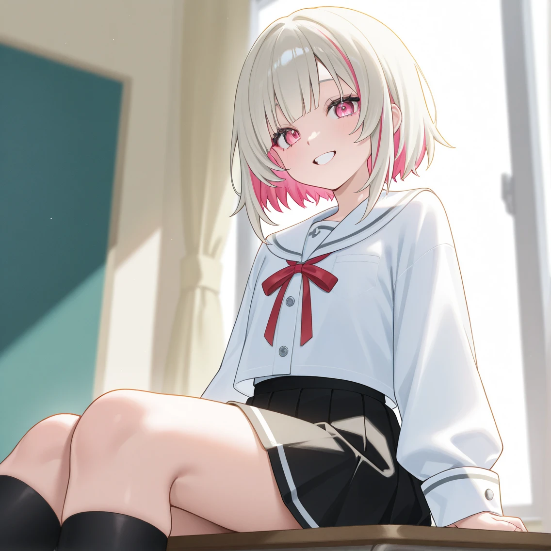 1 Girl, 10 years old, ,Lovely, Solitary, Grin, Naughty smile, flat chest, Lovely children fashion,、White hair，Cat ear，Pink Eyes，Wear a white shirt，Show your belly button，Wearing a black pleated skirt，Pantyhose，in the room，Kneeling on the bed、Front view、bait、Condescending gaze、A proud expression