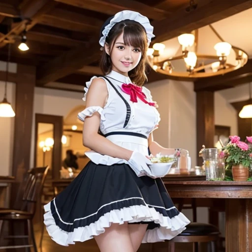 (A beautiful lady with a timeless-elegance maid outfit, at Lou's Cafe, Hill Valley in AD1955, sitting on the ground. She has a friendly body language, dimpled cheeks, kind smile, positive vibes, cowboy_shot, wearing high heels, red ribbon collar, short bob hair, sitting on the ground pose, masterpiece, bokeh night background,(best quality,4k,8k,highres,masterpiece:1.2),ultra-detailed,(realistic,photorealistic,photo-realistic:1.37),detailed facial features,beautiful detailed eyes,beautiful detailed lips,extremely detailed face,longeyelashes,maid uniform,maid cafe interior,studio lighting,vivid colors,warm lighting) #BTTF #DeLorean #TimeMachine