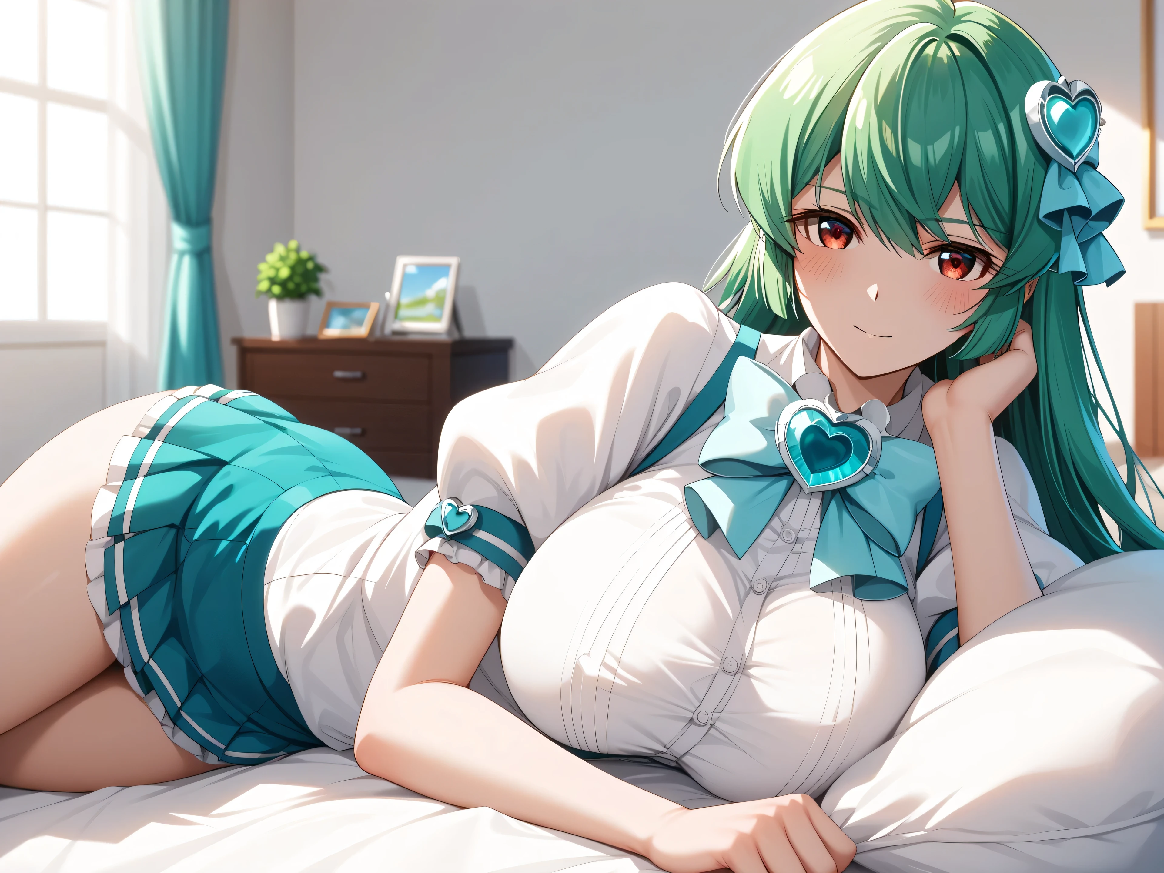 master piece、Best Quality,Super detailed,High resolution,Extremely detailed CG,Unity 8K Wallpaper,weat,score_9, score_8_up, score_7_up, score_6_up, score_5_up, score_4_up, source_anime, MinakamiSayo, 1girl, solo, breasts, Green Hair、Red eyes,shirt, large breasts, dress, jewelry, white shirt, short sleeves, heart, puffy sleeves, bowtie, puffy short sleeves, heart brooch,mini skirt,