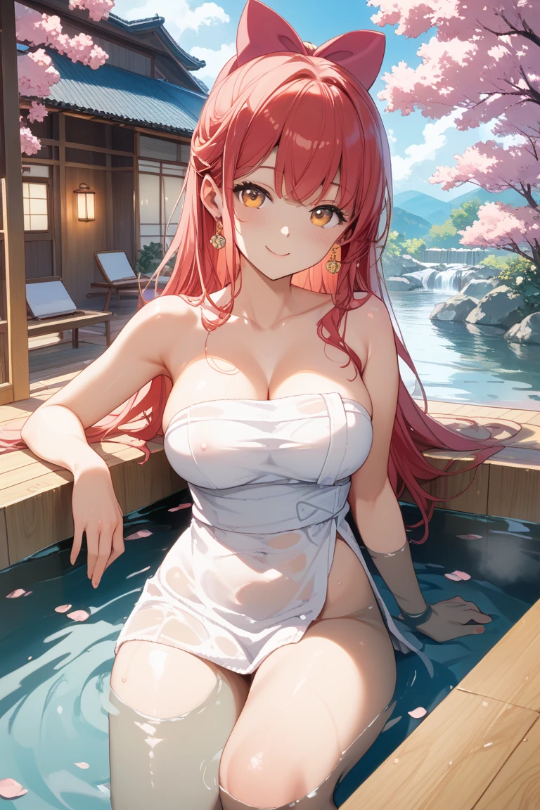 Masterpiece,Highest quality,Very detailed,8k CG,
Shoot from the chest up,
View your viewers,Side by Side,Body facing forward,
(nude,bath towel),blush,shy,Ecstasy face,(trembling:1.2),Red Hair,Long Hair,ponytail,Destroy the green eyes,
Perfect breasts,Perfect nipples,Open your mouth,
At the hot spring,Cherry Blossom,
