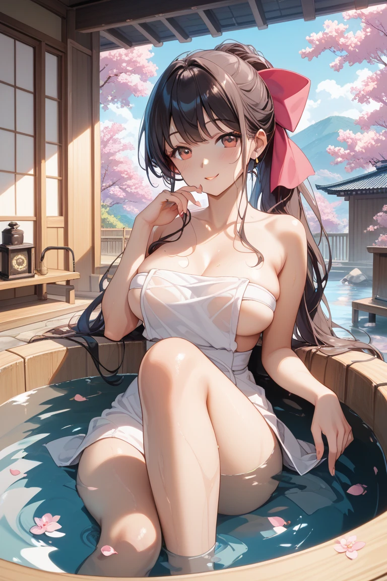 Highest quality、Masterpiece、Super detailed、8k、4K、1 girl、Black Hair、Garnet Eyes、Soft long hair、Bath time、Take a bath、Big Tits、Cleavage、naked、Bubble、night、Moonlight、Wet