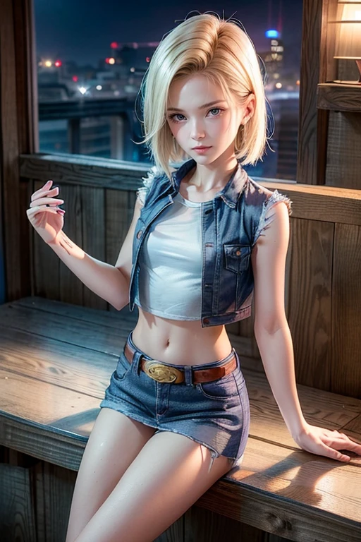 sexaroid,Android18,blonde short hair,ring earrings,light blue eyes,cool beauty,squat down on your knees,(turn one&#39;s face up),narrow your eyes,(open your mouth:1.5),turn to the viewer,(((look directly above the face))),(((White short-sleeved T-shirt,skinny denim))),pearl necklace,blank background,close up of face、