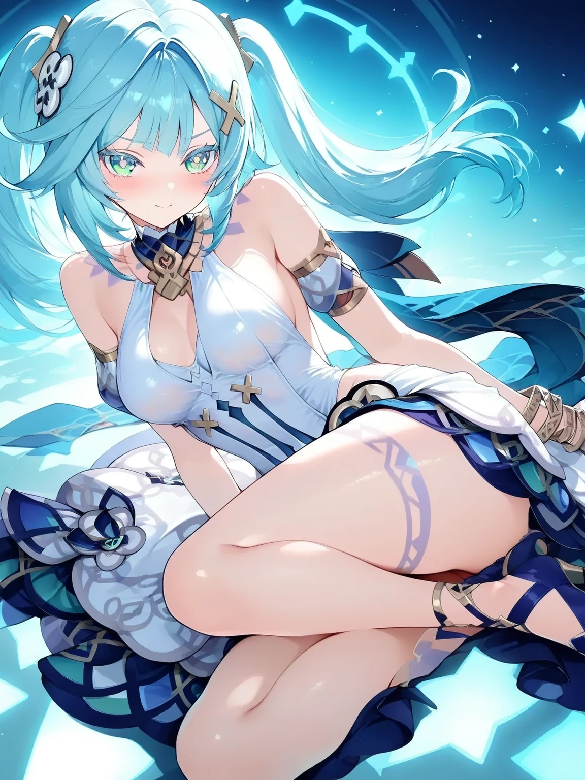 Blue Dragon Maiden, Tightly bound by chains, A long light blue tail,chained,Hang in the air. Her expression was painful, It feels like my tail is about to be torn off. She flaps her white dragon wings, but can't escape。Highlight dragon tail,The long dragon tail was pulled straight by the iron chain,Jumpy、An expression of despair