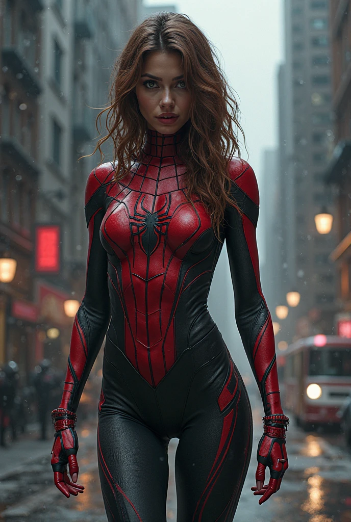 Bryce Dallas Howard、マーベル・コミック映画のPoster, Very beautiful, Movies about Spiderman, sexy, whole body, I'm wearing a skirt、Premiere date, Poster、belly buttonを突き出す、new york、She's wearing a torn Spider-Man suit,The suit is torn、Wearing a skirt、 Red and black color scheme,dynamic、masterpiece、highest quality、Ultra-detailed、Very detailed、A delicate and beautiful shine、超A high resolution、Cinematic,Break,Breakdrop,(Torn clothes:1.5), (Wet clothes:1.4), Bare shoulders,Real Rain,Wet Hair,belly button、Exposing Skin、sexyな肩を見せてる