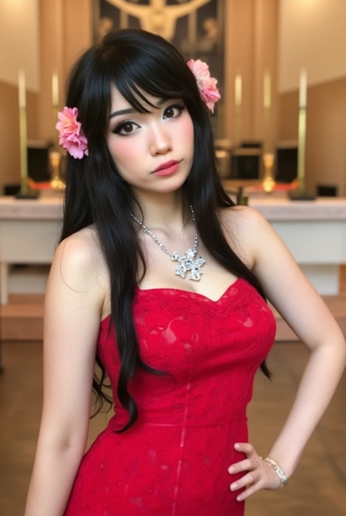 woman, Wearing hot dress, standing the house, beautiful face, perfect face, red nails, smile, half body, black long hair, beautiful eyes, masterpiece, best quality, photorealistic