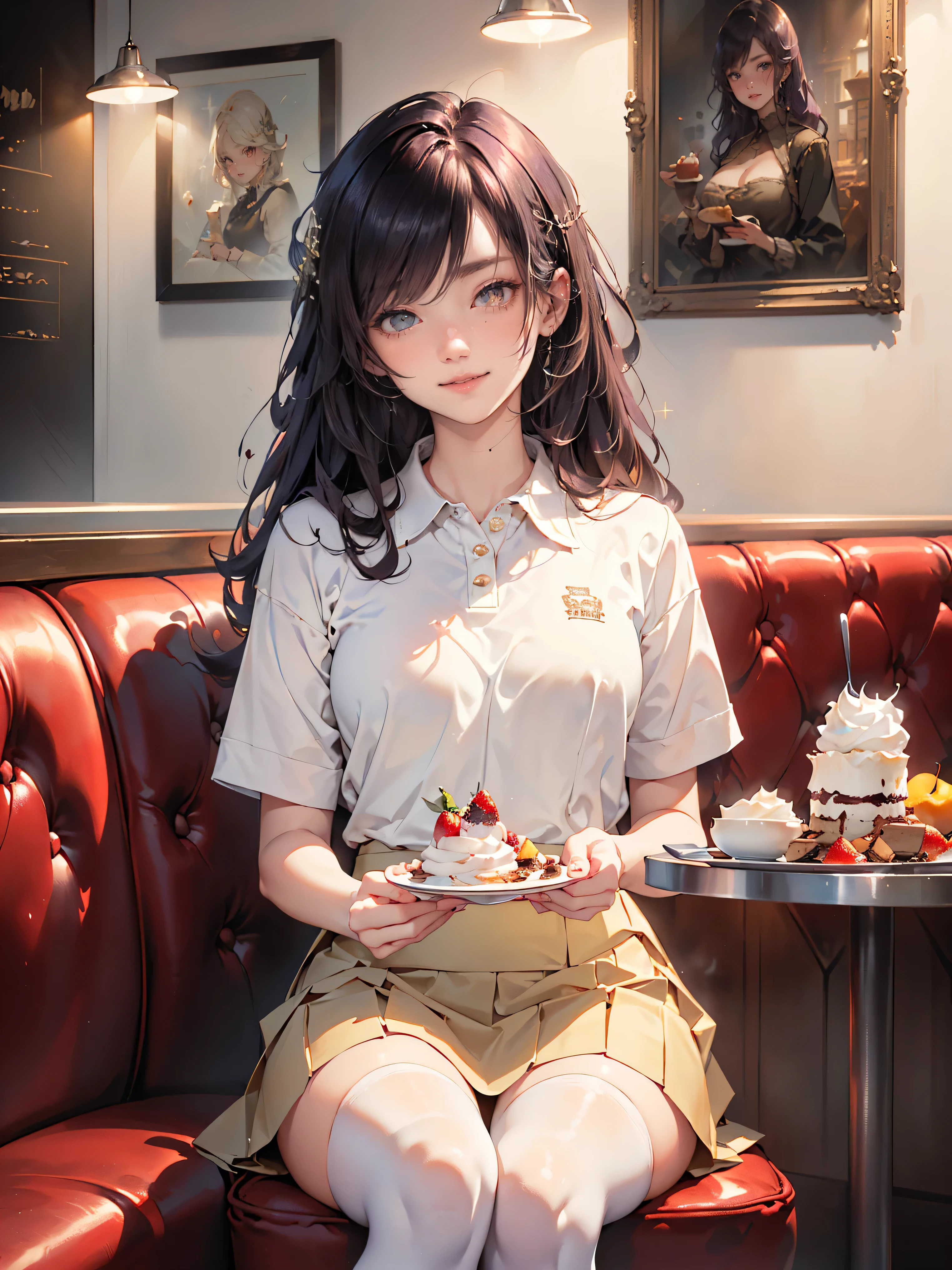 Best quality, 8K, Best quality, Masterpiece, Ultra-realistic, ((High school girl with odd eyes)), ((Heterochromia, red eyes, gold eyes)), ((Sparkling, detailed eyes)), (Very precise eyes), ((Crystal-like pupils)), (Long platinum and purple hair), Princess cut, ((Translucent, shining white skin)), Glossy skin, Very white skin, ((Small breasts)), ((Anatomically accurate depiction)), ((Detailed depiction down to the fingertips)), ((Wearing a pink polo shirt with floral embroidery and a photo of herself printed on it), ((Wearing a beige tight skirt)), ((Sitting in a cafe restaurant, skillfully eating a pudding by scooping it up with a spoon from a plate on the table), ((Sitting in a cafe restaurant seat, eating a pudding on a table)), Knee-high stockings, ((Whipped cream and fruit), Cinematic lighting, Smile, Very beautiful,