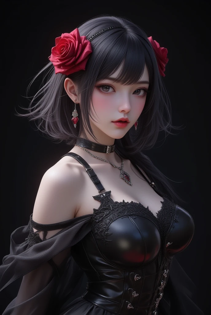 absurderes, masutepiece, Best Quality, nffsw, 1girl in, Mature Woman, (Sharp Focus), Villain's smile, medium breasts, (Hair on long black background), (grey  eyes), (Detailed eyes), Gothic lace costumes, Black and Red theme, Realism, Black_castle, Ultra-detailed, Vivid, Intricate details, Photorealistic
