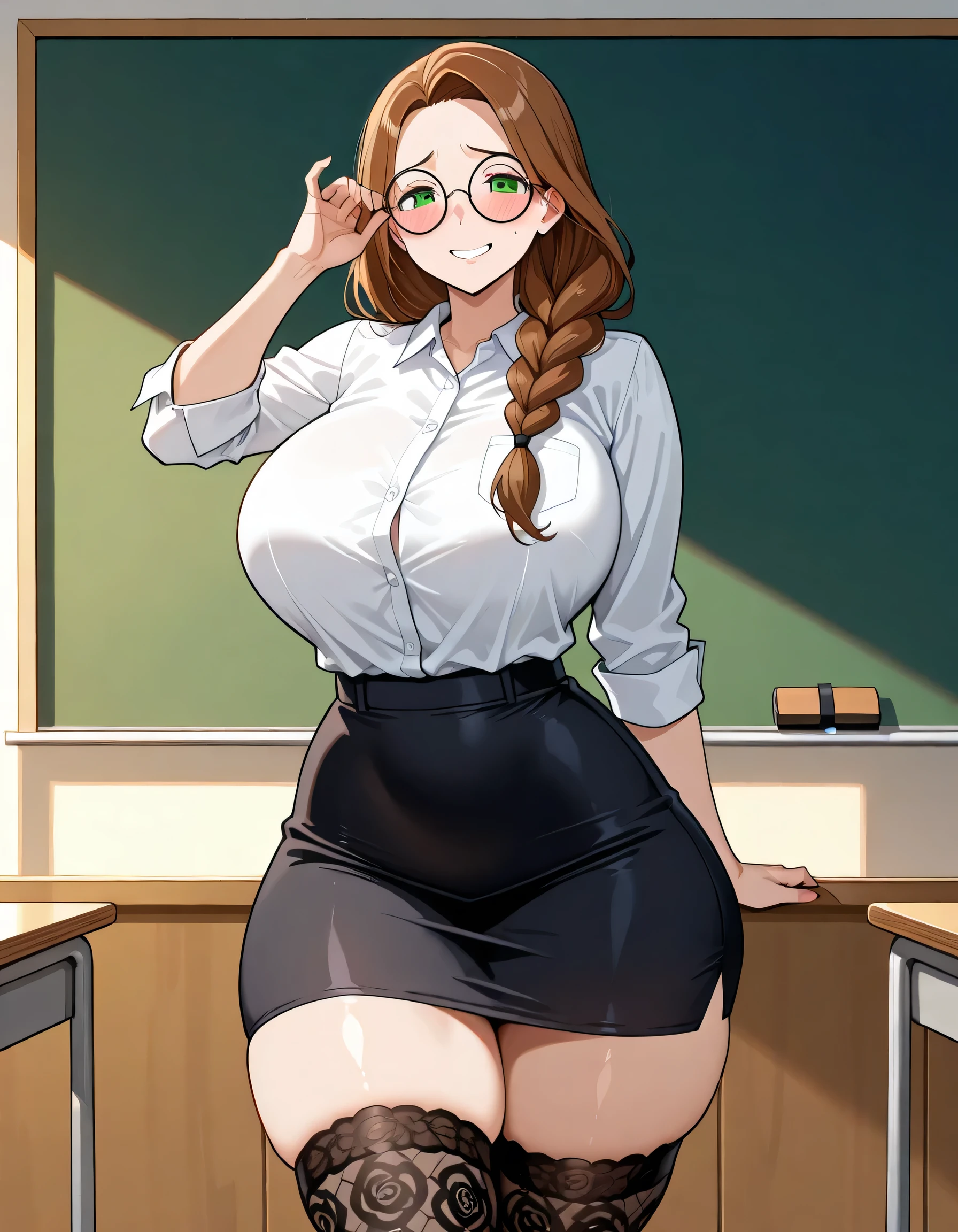 adult, female, MILF, brown hair, long hair, braid ponutail, green eyes, tall height, curvy thighs, curvy hips, thin waists, big breasts, curvy ass, slim body, detailed eyes, detailed face, detailed body, adult, detailed classroom, detailed eyes, make up, evening, looking at viewer, white shirt with top buttons unbuttoned, black pencil skirt, black patterned stockings, solo, stands near the blackboard, innocent, circle glasses, flustered, nervous smile, adjusting glasses,