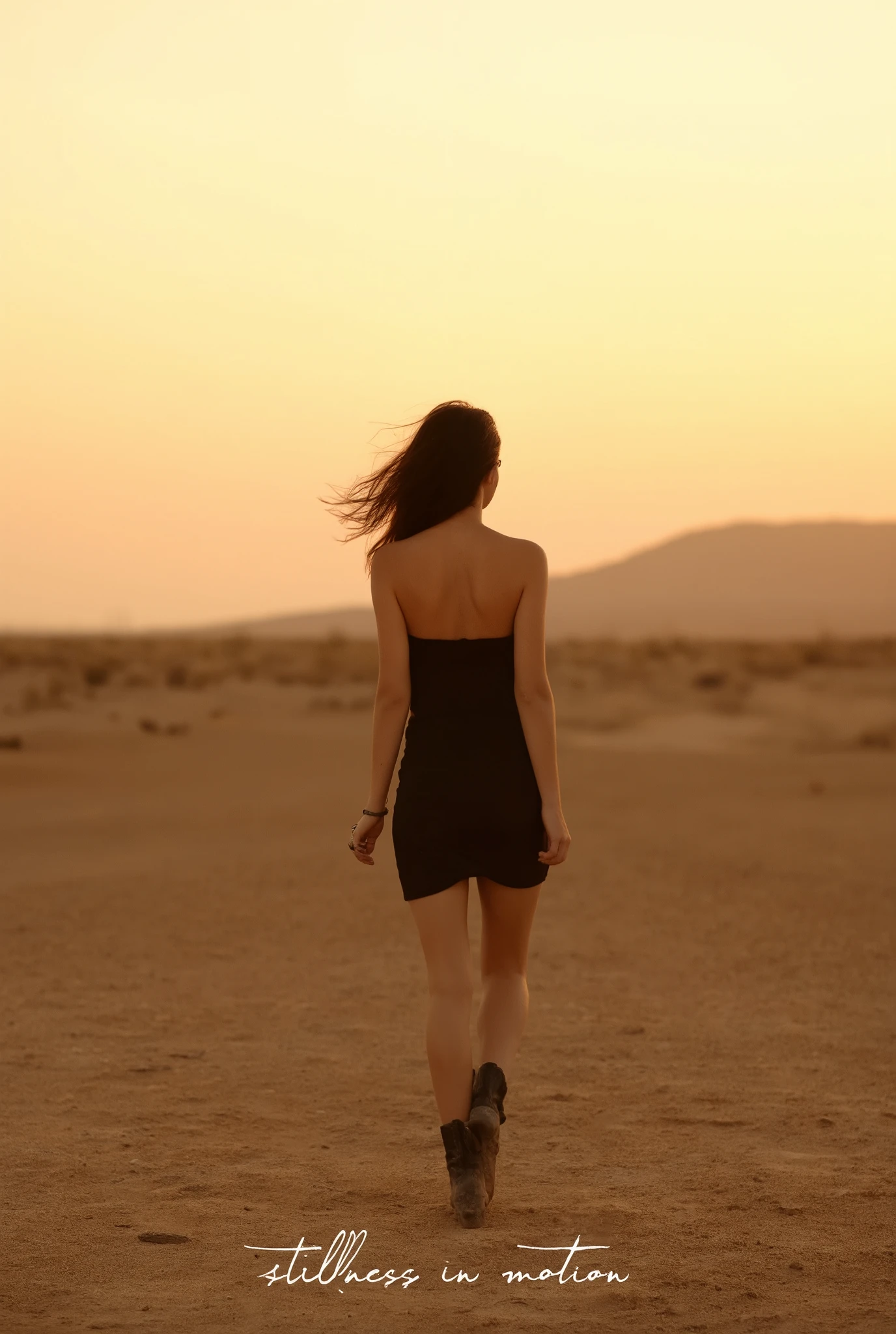 An EP cover for a grounded, indie folk pop artist Emeline Claire Winters. The cover features a muted, minimalist aesthetic. ECW stands in a barren, sun-faded desert field at golden hour, wearing a simple black dress and vintage boots. Her back is turned slightly to the camera, her dark waist-length hair caught in the wind. The color palette is warm and earthy—burnt oranges, dusty browns, and faded golds. The sky is wide and soft, with a hazy glow. The EP title 'Stillness in Motion' is handwritten in delicate lettering in the lower corner. The overall mood is quiet, cinematic, and introspective—evoking solitude, resilience, and quiet power.