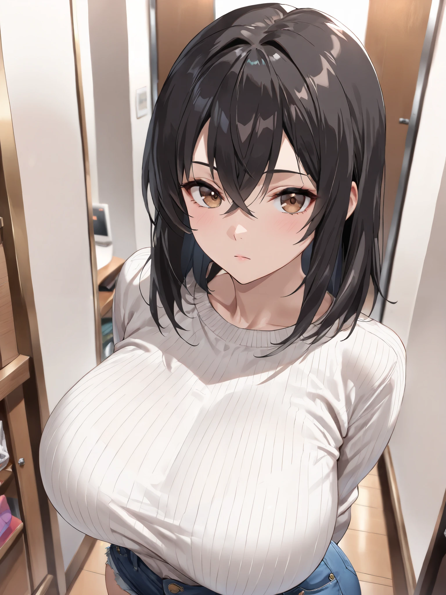 motherly, mother, youthful appearance, milf, shortcut, short hair, black hair, mole under the left eye, sweater, big breasts, chubby, motherly body, sad expression