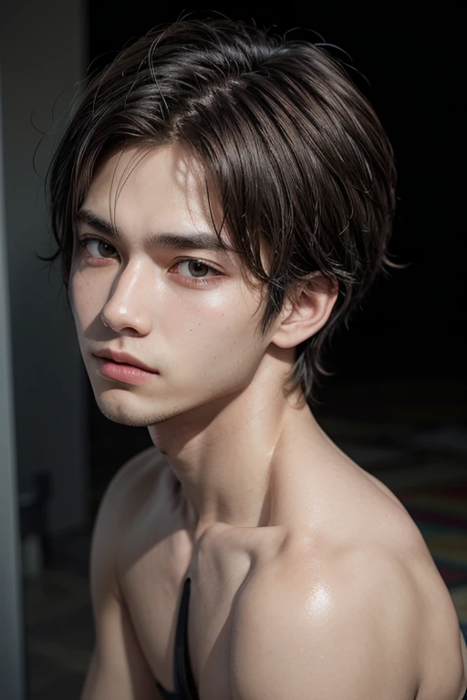 Highest quality, masterpiece, Ultra-high resolution, (Realistic:1.5), RAW Photos, One boy, Osuit, In the Dark, Deep Shadow, Modest, Cold Light, Sexy Looks, short hair