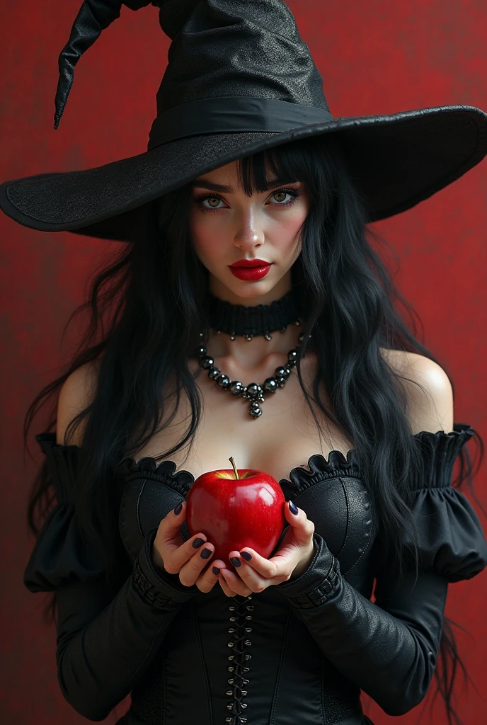 Girl,Black long hair,Black Queen, big breast, cleavage,accessories,Apple in hand,Poison apples,Witch Queen,Red lipstick