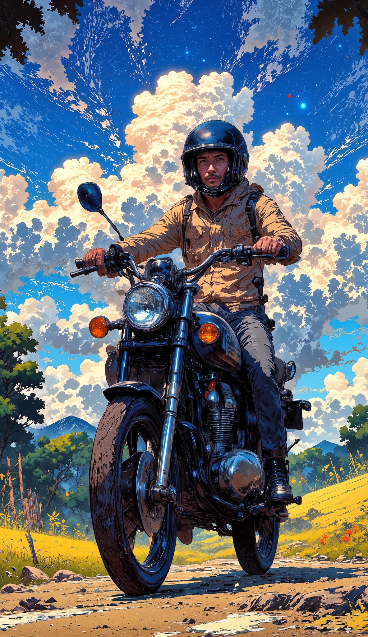 Studio Ghibli-style illustration of a mudik on a motorcycle, .