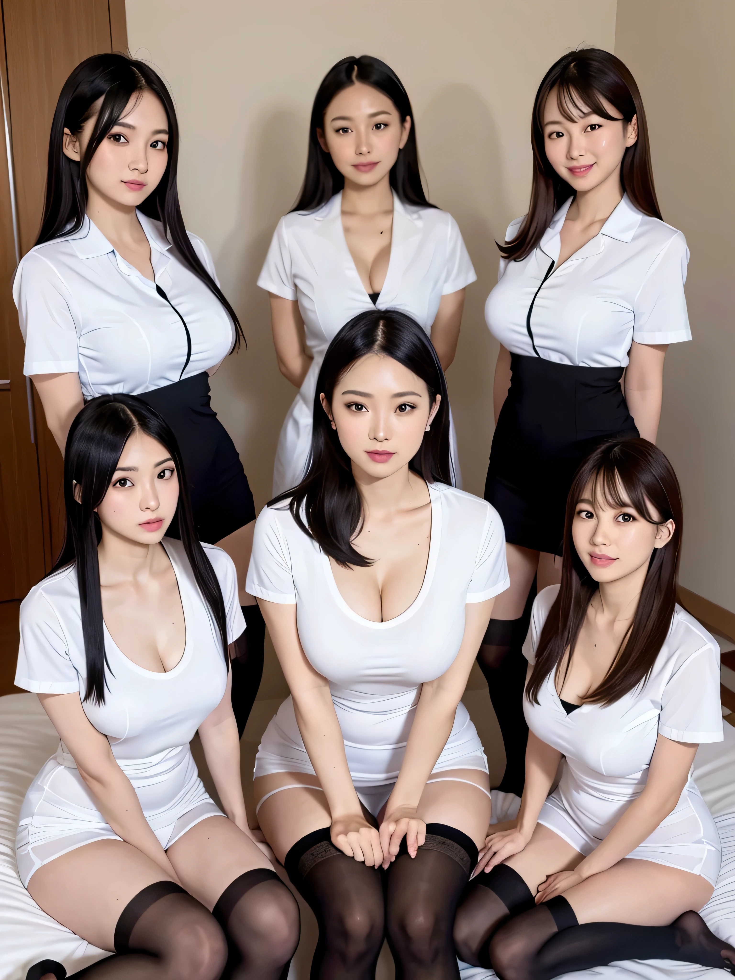 Four Girls,Ultra-high resolution, Realistic, Highest quality, 8K resolution,、office、Slim waist、pharmacist、White coat, Ecstasy, Shoot from above, Look up, Straight Long Hair, Light brown hair, Big Breasts, Perfect Makeup, Happy expression, Black choker, Blue Eyes, Very long eyelashes, Very thick eyelashes, Large, swollen breasts, bangs,