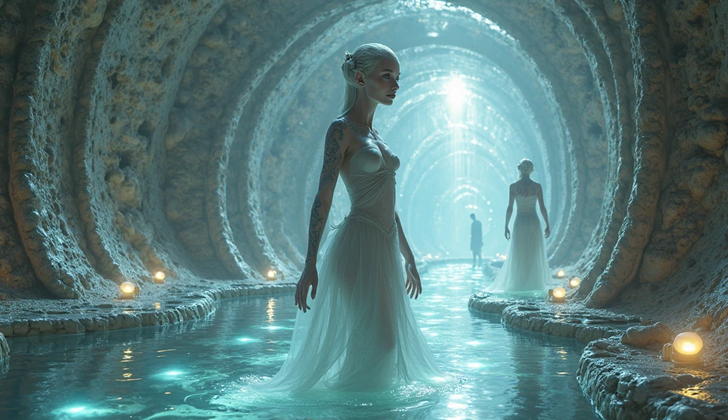 Anthropomorphic   Venetian woman with porcelain white skin,  full-body portrait of a young Venetian woman exuding radiant energy. Her skin glows porcelain white, and her vibrant red-blue outfit highlights her slender silhouette. The minimalist white backdrop allows the viewer's focus to be solely on her captivating presence. The background bursts with vivid colors, contrasting the simplicity of the setting. The expert use of light and shadow adds depth and dimension to the composition, creating an unforgettable visual masterpiece that encapsulates the essence of modern style.