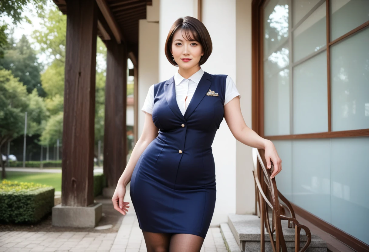 Highest quality、masterpiece、8k、Very detailed、Realistic、Looking at me with a smile、whole body、Black Hair、Short Hair、Small face、Slender、(Very large breasts:1.2)、Thin and beautiful legs、narrow and constricted waist,、(Tight reception uniform:1.2)