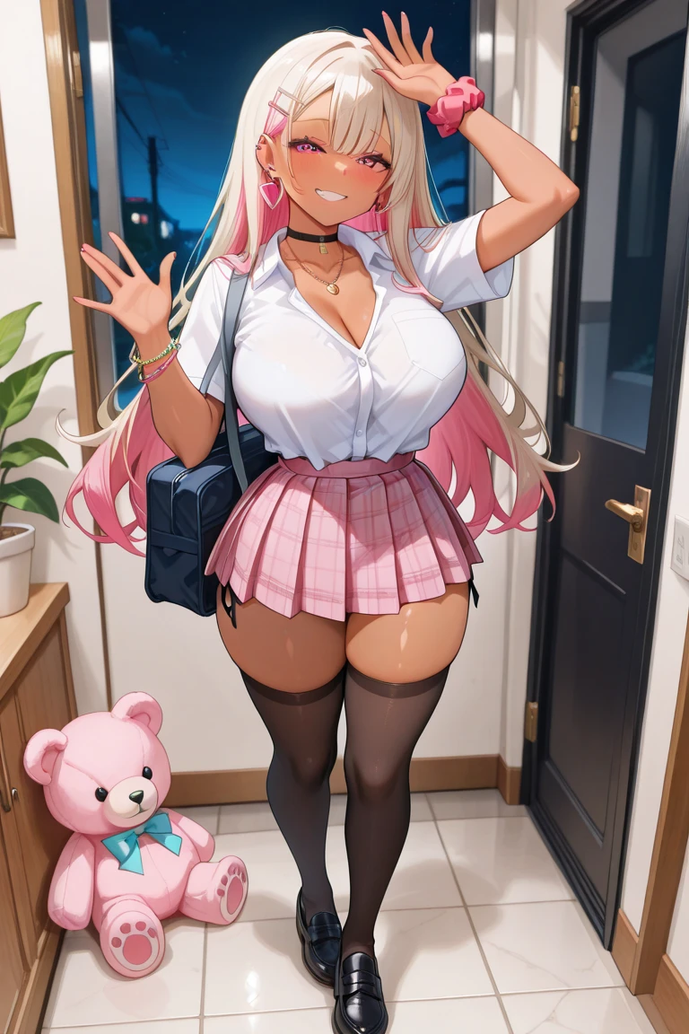 (nsfw),masterpiece,ultra detailed,sharp focus,4k digital art,high resolution,(from below,upskirt,dildo in pussy:1.2),(lifting own skirt),gigantic breasts,,(aroused and blushed:1.7),(tank top,short black skirt,necklace),(blonde hair,medium straight hair),(sweaty:1.2),(tanned skin:1.5),grinning,(trembling,flying heart-shapes:1.5),,curvy body,drooling,heart pupils,standing in train,skirt lifted,(pubic hair)