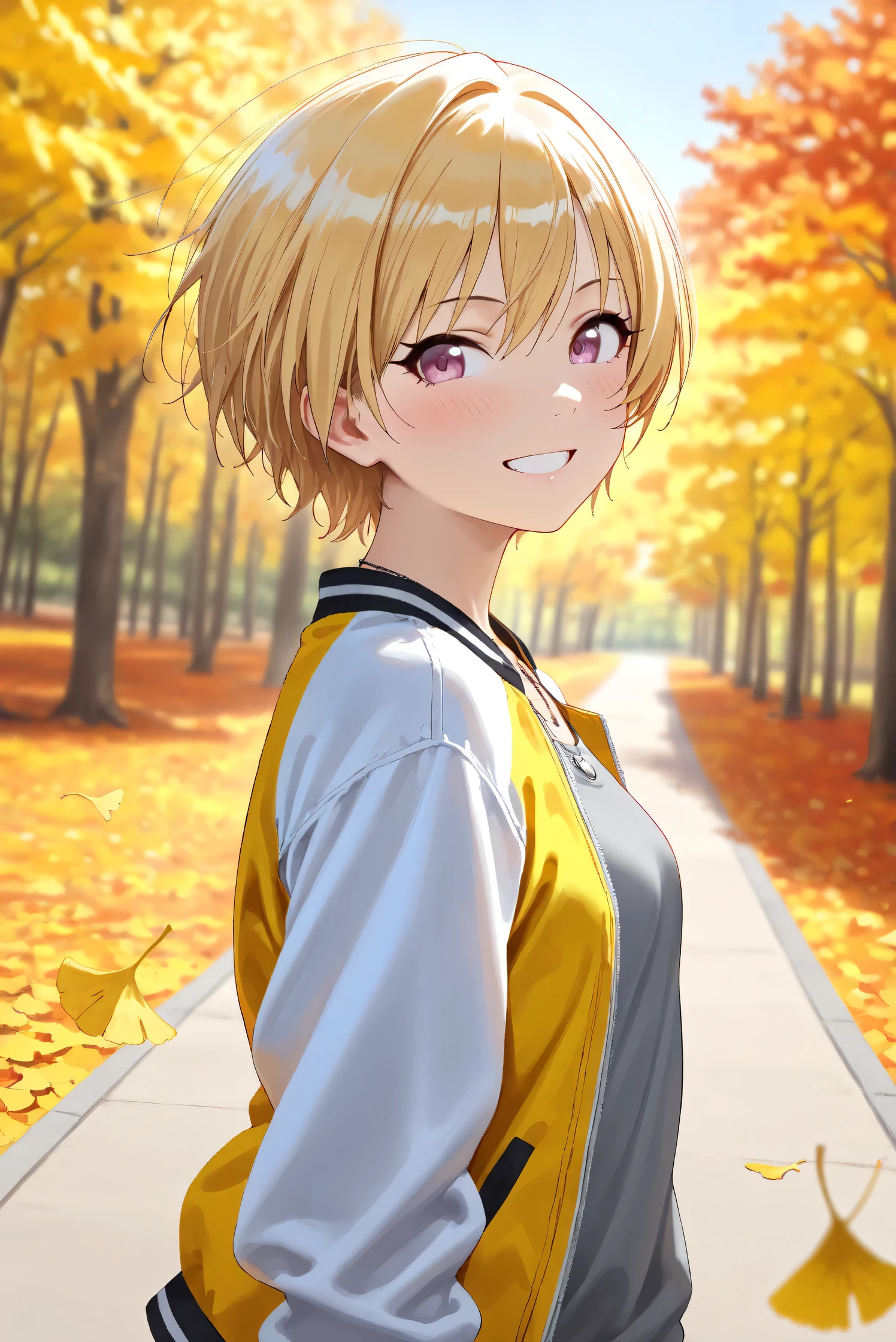(Masterpiece), (Highest quality), (Very detailed), 
(The best shape), (Best Shadow), (Absurd), 
(Detailed background), (So beautiful), Shiny , 
Beautiful eyes in every detail, Extraordinary, Countershading, 8k, 32K, High resolution, 
Very Detailed CG,

Score_9, Score_8_up, Score_7_up, Source_anime, 
(Pastel painting:1.2), (Watercolor painting:1.2),
(Masterpiece, Detailed:1.2), (Foreshortening:1.2),

Cinematic, Dramatic, (Depth of field:1.4),
(Blurry background:1.4), (Realistic background:1.4),
Dynamic angle, 
1 girl,
Autumn, Outdoor, Nature, Park, Wind,
Autumn leaves, Ginkgo,
Scenery, Autumnforrestmb, Autumn, Forest, Tree, Nature, Outdoors, 

Saijo Juri,
the idolmaster shiny colors,
juri saijo, short hair, blonde hair, purple eyes, small breasts,

(Casual wear:1.3), 
T-shirts, (Gray t-shirts:1.3), 
Souvenir jacket, Yellow jacket, (Long sleeves jacket:1.2), White sleeves jacket,
Necklace,

Portrait, (focus on face:1.1), (Close up shot:1.1),
(Blush:1.3), smile, happy, looking back, grin,
Realistic skin, Shiny skin,