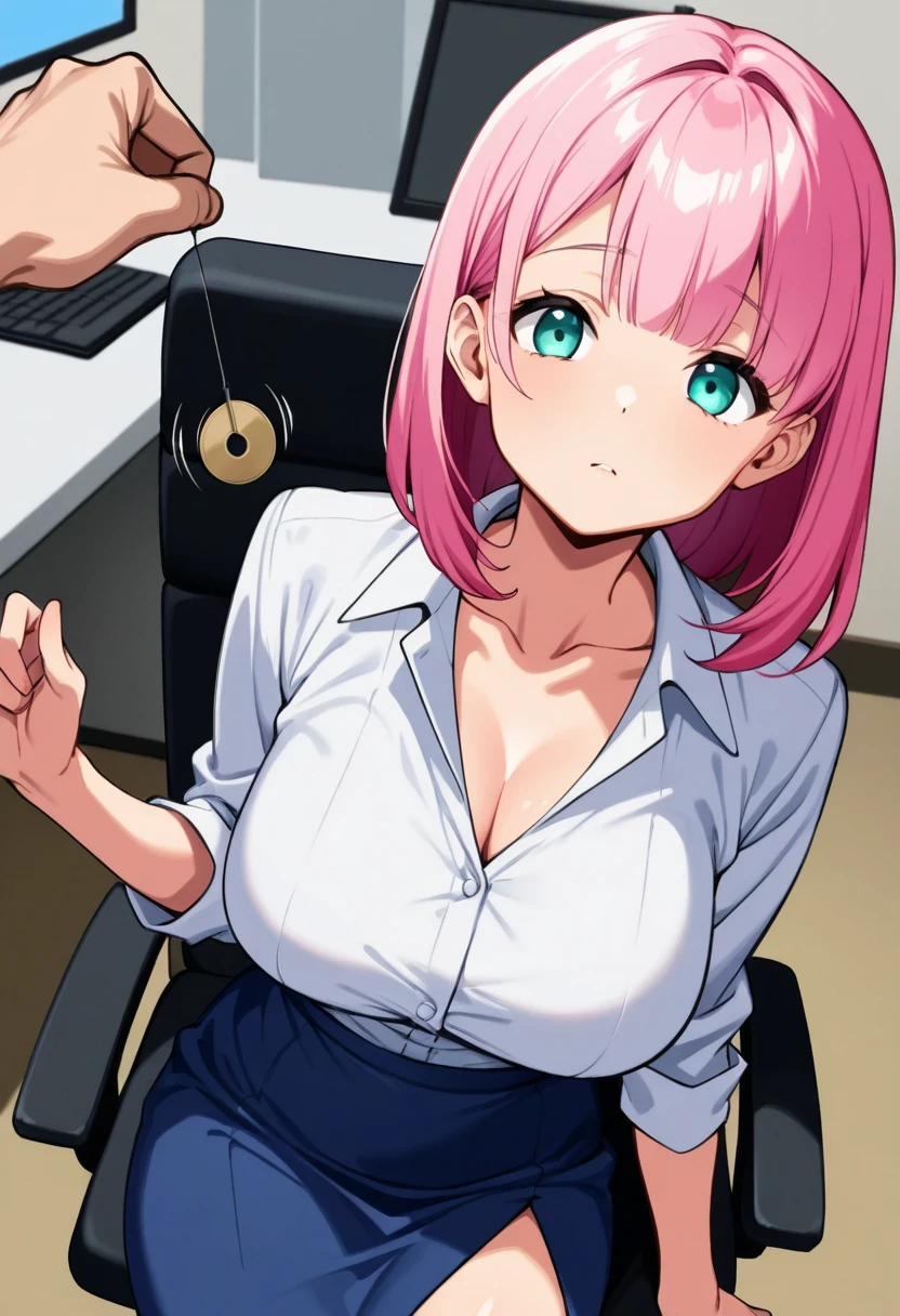 (pov crotch desk : 1.3), (white office shirt : 1.3), black skirt, elise, mature woman, 27 yo, anime cels style, best quality, high resolution, 1girl, (large breasts:1.2), beautiful face, hair tied up in a bun, blue eye, cowboy shot, smiling, blush, looking at viewer