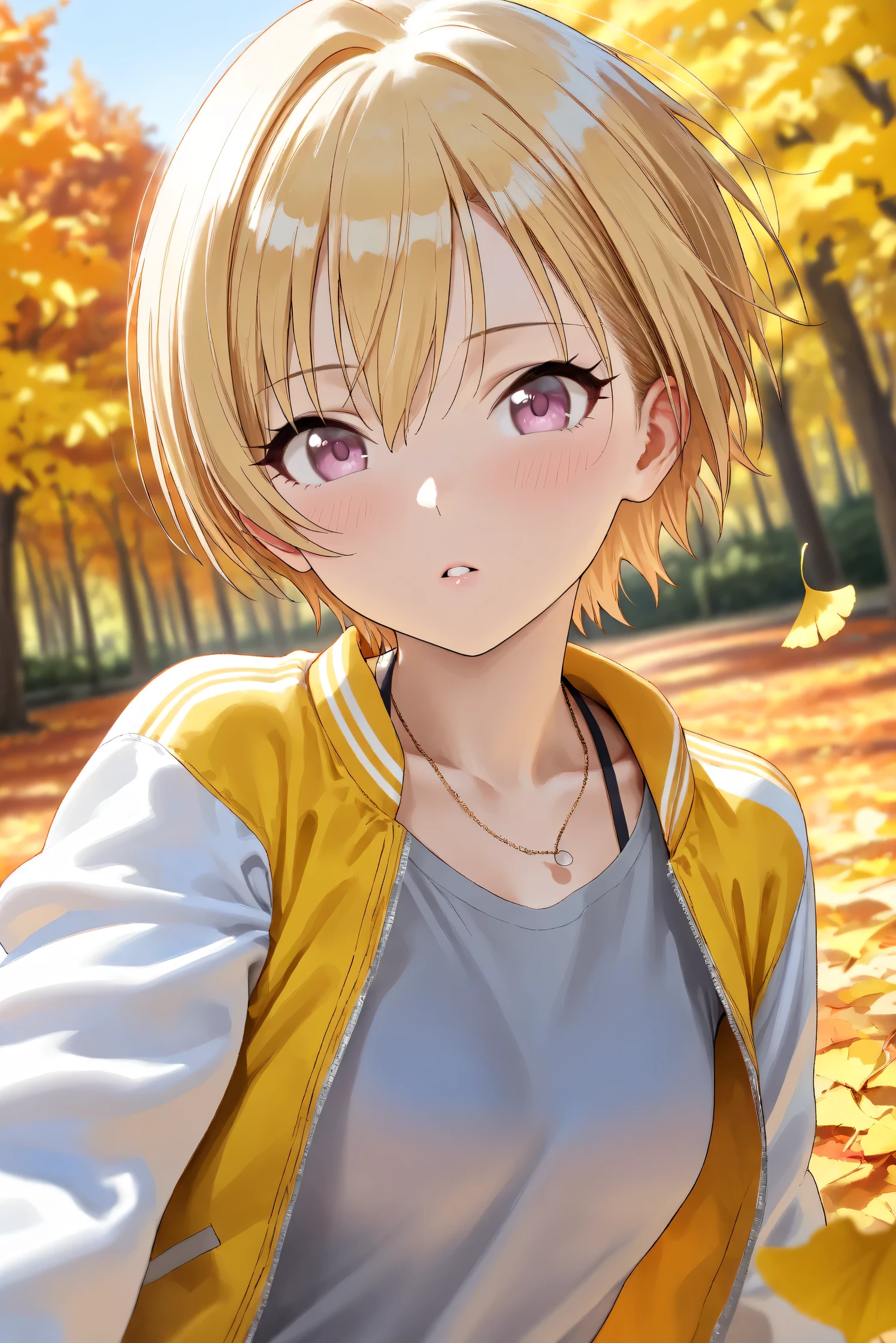 (Masterpiece), (Highest quality), (Very detailed), 
(The best shape), (Best Shadow), (Absurd), 
(Detailed background), (So beautiful), Shiny , 
Beautiful eyes in every detail, Extraordinary, Countershading, 8k, 32K, High resolution, 
Very Detailed CG,

Score_9, Score_8_up, Score_7_up, Source_anime, 
(Pastel painting:1.2), (Watercolor painting:1.2),
(Masterpiece, Detailed:1.2), (Foreshortening:1.2),

Cinematic, Dramatic, (Depth of field:1.4),
(Blurry background:1.4), (Realistic background:1.4),
Dynamic angle, 
1 girl,
Autumn, Outdoor, Nature, Park, Wind,
Autumn leaves, Ginkgo,
Scenery, Autumnforrestmb, Autumn, Forest, Tree, Nature, Outdoors, 

Saijo Juri,
the idolmaster shiny colors,
juri saijo, short hair, blonde hair, purple eyes, small breasts,

(Casual wear:1.3), 
T-shirts, (Gray t-shirts:1.3), 
Souvenir jacket, Yellow jacket, (Long sleeves jacket:1.2), White sleeves jacket,
Necklace,

(Portrait:1.1), (focus on face:1.1), (Close up shot:1.1),
(Blush:1.3), parted lips,
Realistic skin, Shiny skin,
