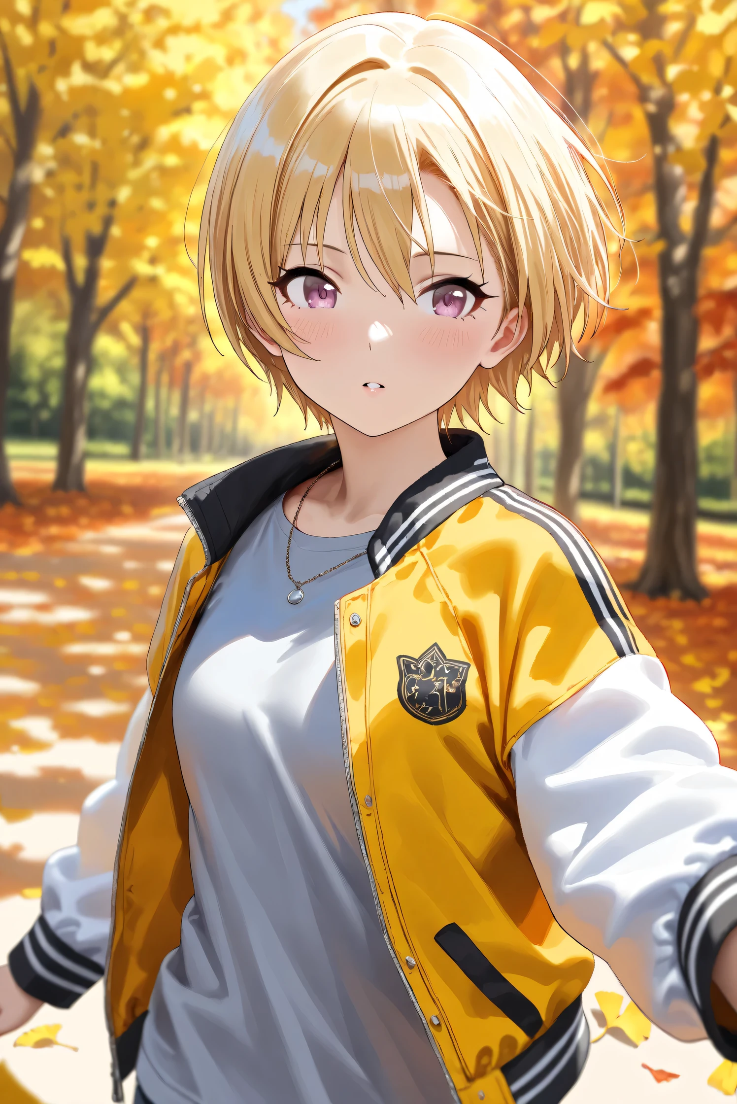 (Masterpiece), (Highest quality), (Very detailed), 
(The best shape), (Best Shadow), (Absurd), 
(Detailed background), (So beautiful), Shiny , 
Beautiful eyes in every detail, Extraordinary, Countershading, 8k, 32K, High resolution, 
Very Detailed CG,

Score_9, Score_8_up, Score_7_up, Source_anime, 
(Pastel painting:1.2), (Watercolor painting:1.2),
(Masterpiece, Detailed:1.2), (Foreshortening:1.2),

Cinematic, Dramatic, (Depth of field:1.4),
(Blurry background:1.4), (Realistic background:1.4),
Dynamic angle, 
1 girl,
Autumn, Outdoor, Nature, Park, Wind,
Autumn leaves, Ginkgo,
Scenery, Autumnforrestmb, Autumn, Forest, Tree, Nature, Outdoors, 

Saijo Juri,
the idolmaster shiny colors,
juri saijo, short hair, blonde hair, purple eyes, small breasts,

(Casual wear:1.3), 
T-shirts, (Gray t-shirts:1.3), 
Souvenir jacket, Yellow jacket, (Long sleeves jacket:1.2), White sleeves jacket,
Necklace,

(Portrait:1.1), (focus on face:1.1), (Close up shot:1.1),
(Blush:1.3), parted lips,
Realistic skin, Shiny skin,