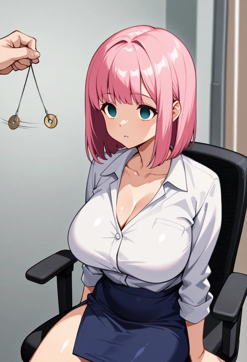 (masterpiece, ultra high definition, 16k, intricate), sharp focus, crisp details, 1girl, young female, medium hair, (glossy straight hair, silky smooth hair), pink hair, short bob, teal eyes, tareme, big breasts, office lady, white shirt, white collared shirt, collarbone, (cleavage:0.7), blue skirt, side slit, room at office with No One, office chair, sitting chair, arms at sides, 一つの振り子, (Pendulum before her face), (Swinging pendulum, 別の人物の手が振り子を持つ), motion line, motion Effect, (半分閉じた目, empty eyes), 眠そうな目